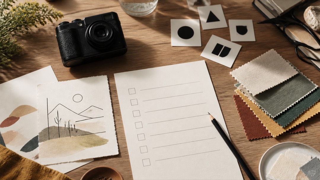 Petit appareil photo, dessin au trait et pictogrammes géométriques disposés comme des options comparées